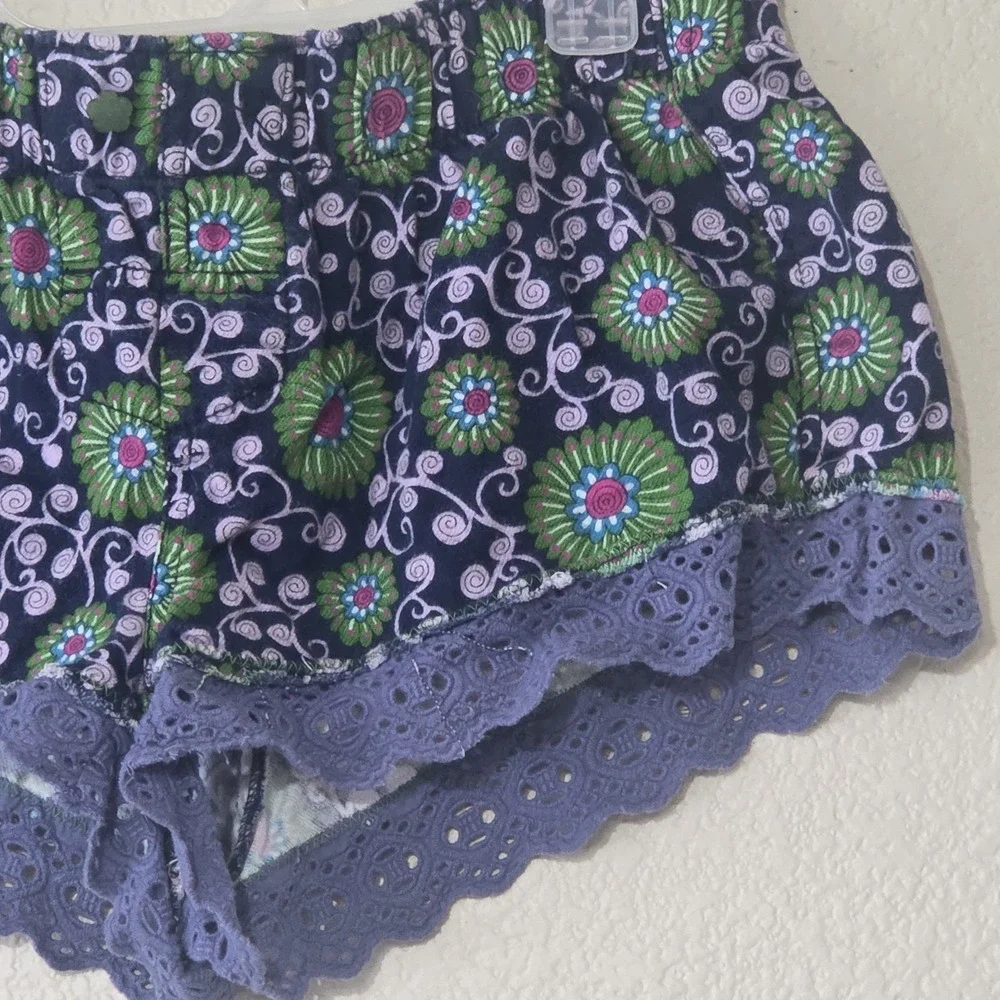 Free People Floral Paisley Green Blue Micro Shorts Eyelet Lace Elastic Band Sz S